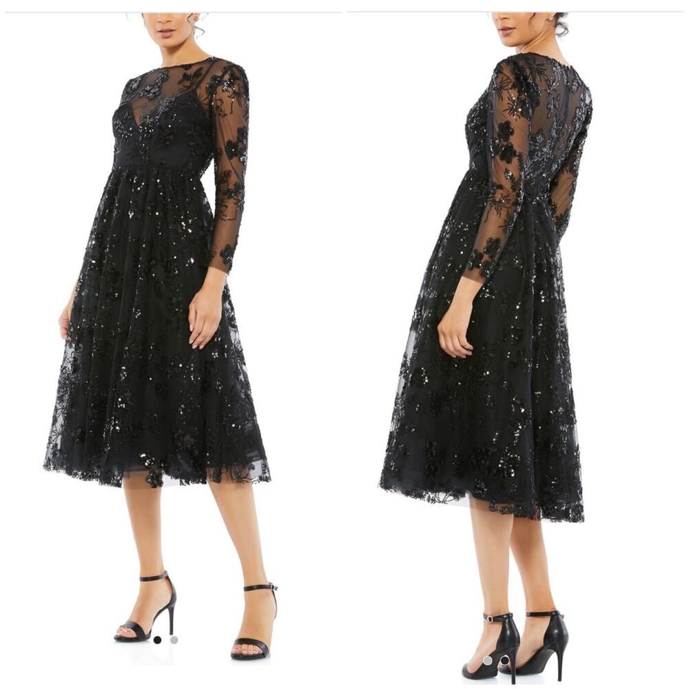 Mac Duggal A-Line Midi Dress black sequin embellished size 2 C6